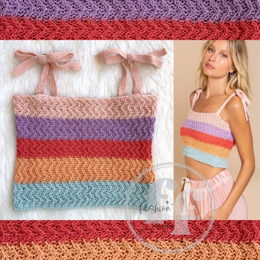 POL Rainbow Striped Color Block Crochet Cropped Bow Tie Shoulder Crop Tank Top